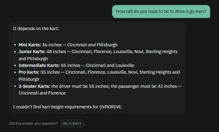 Guest services chatbot answering the go-kart height requirement for each park