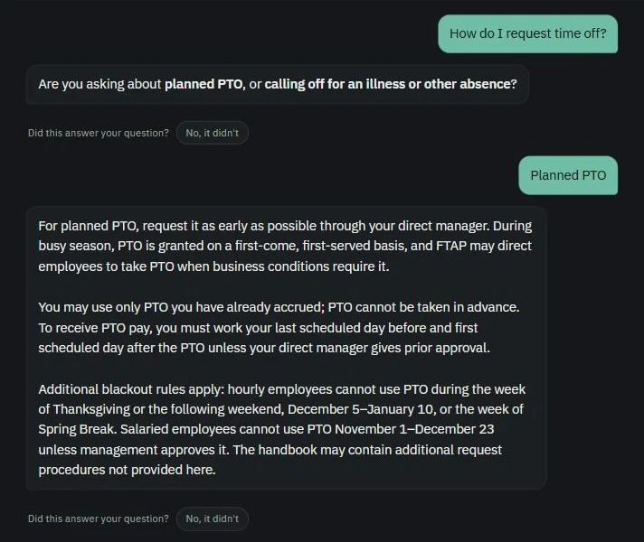Employee asks the policy chatbot how to request time off and gets the answer from company policy
