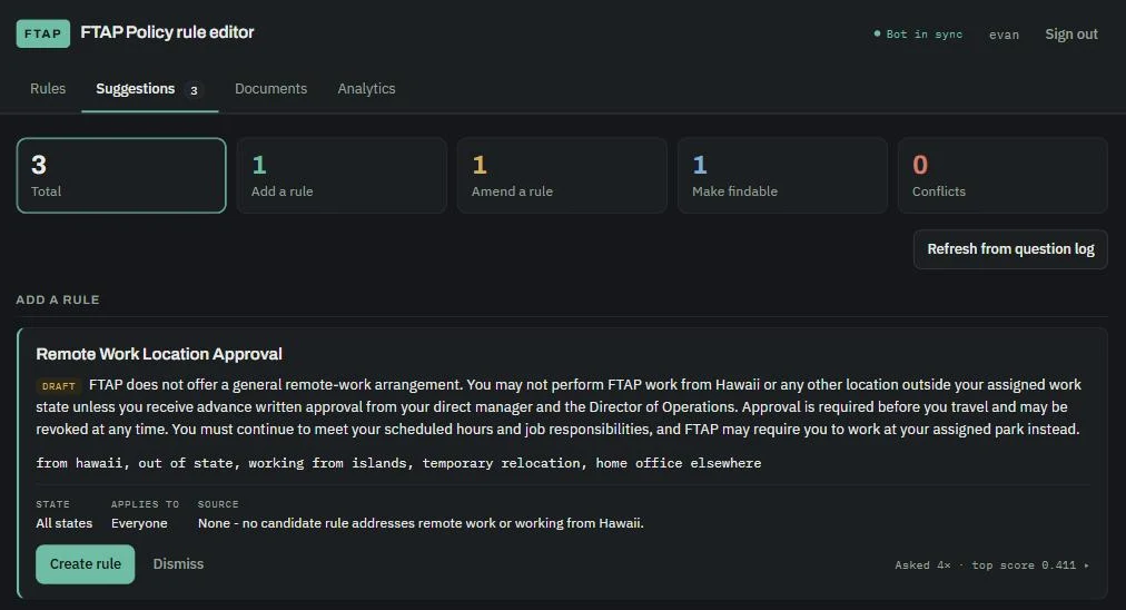 Admin screen listing a rule the chatbot drafted from repeated staff questions, waiting for manager approval