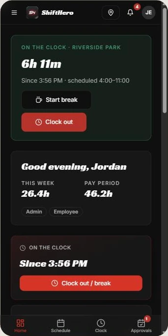 ShiftHero on a phone: the employee's clock-in status, hours this week and pay period, and items needing attention